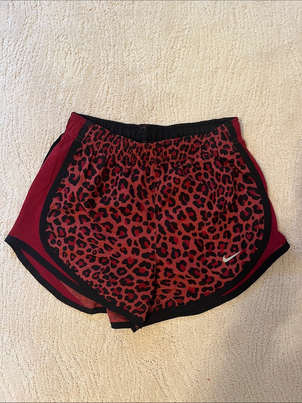 Nike Women’s Red Leopard Print Athletic Shorts with Black Trim